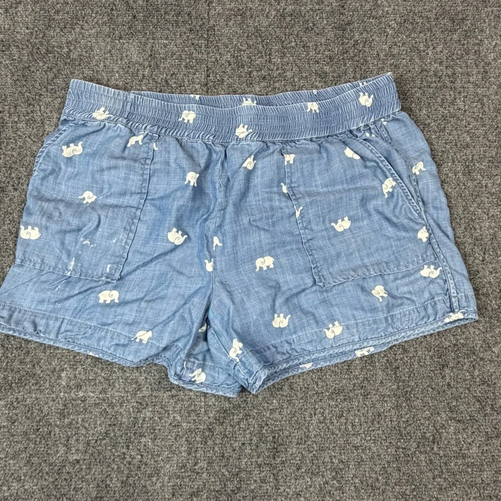 Moon Ryder Womens W34 Blue Chambray Elephant All Over Print Elastic Waist Shorts
